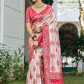 Beige Banarasi Silk Saree Red Zari Border Traditional Buta Design