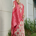 Beige Banarasi Silk Saree Red Zari Border Traditional Buta Design