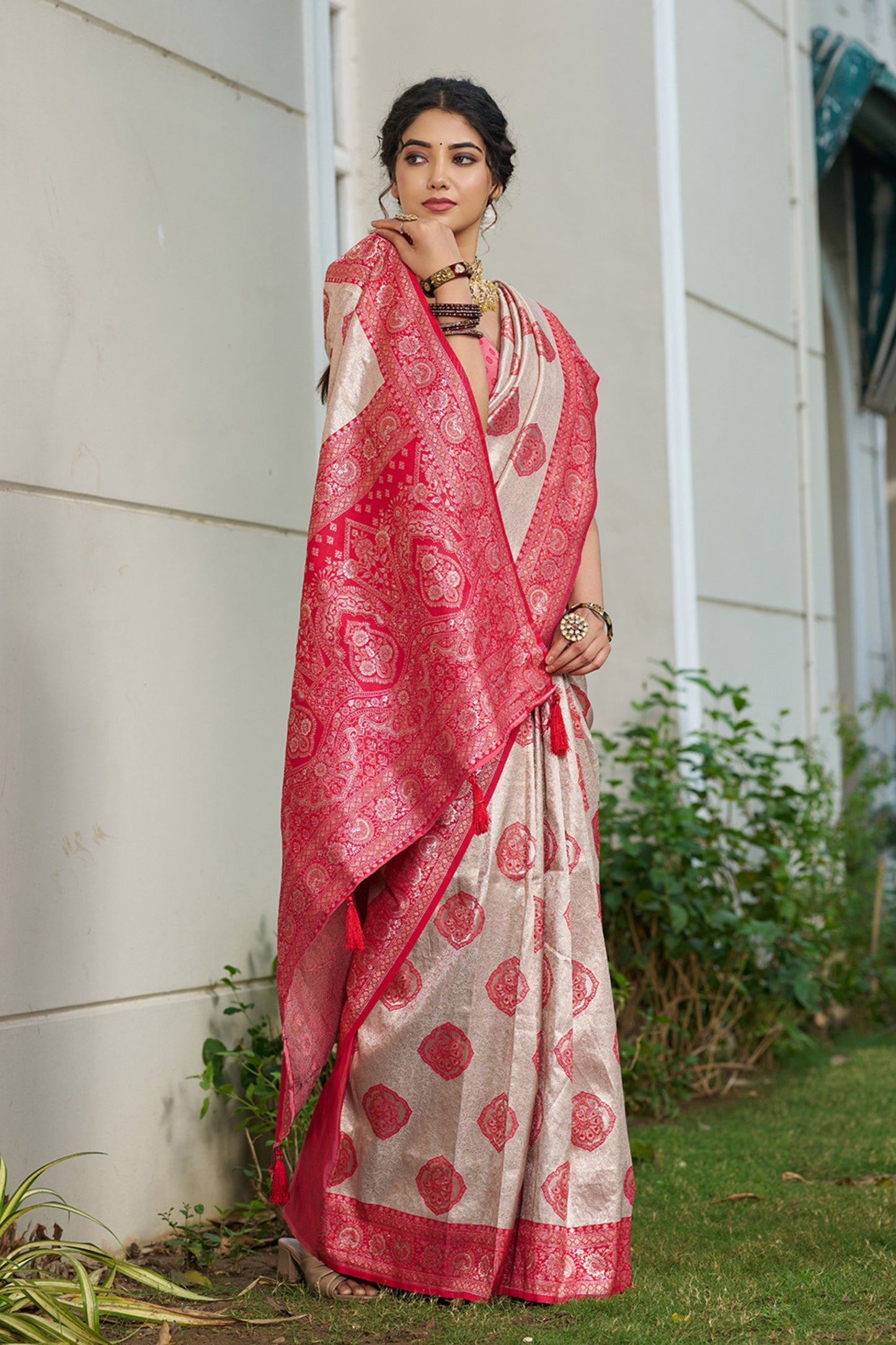 Beige Banarasi Silk Saree Red Zari Border Traditional Buta Design