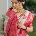 Beige Banarasi Silk Saree Red Zari Border Traditional Buta Design