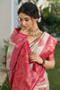 Beige Banarasi Silk Saree Red Zari Border Traditional Buta Design