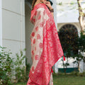 Beige Banarasi Silk Saree Red Zari Border Traditional Buta Design