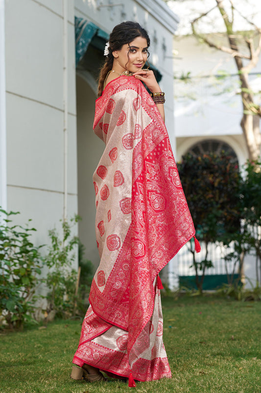 Beige Banarasi Silk Saree Red Zari Border Traditional Buta Design