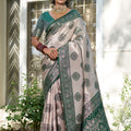 Beige Banarasi Silk Saree Dark Green Zari Border Traditional Buta Design