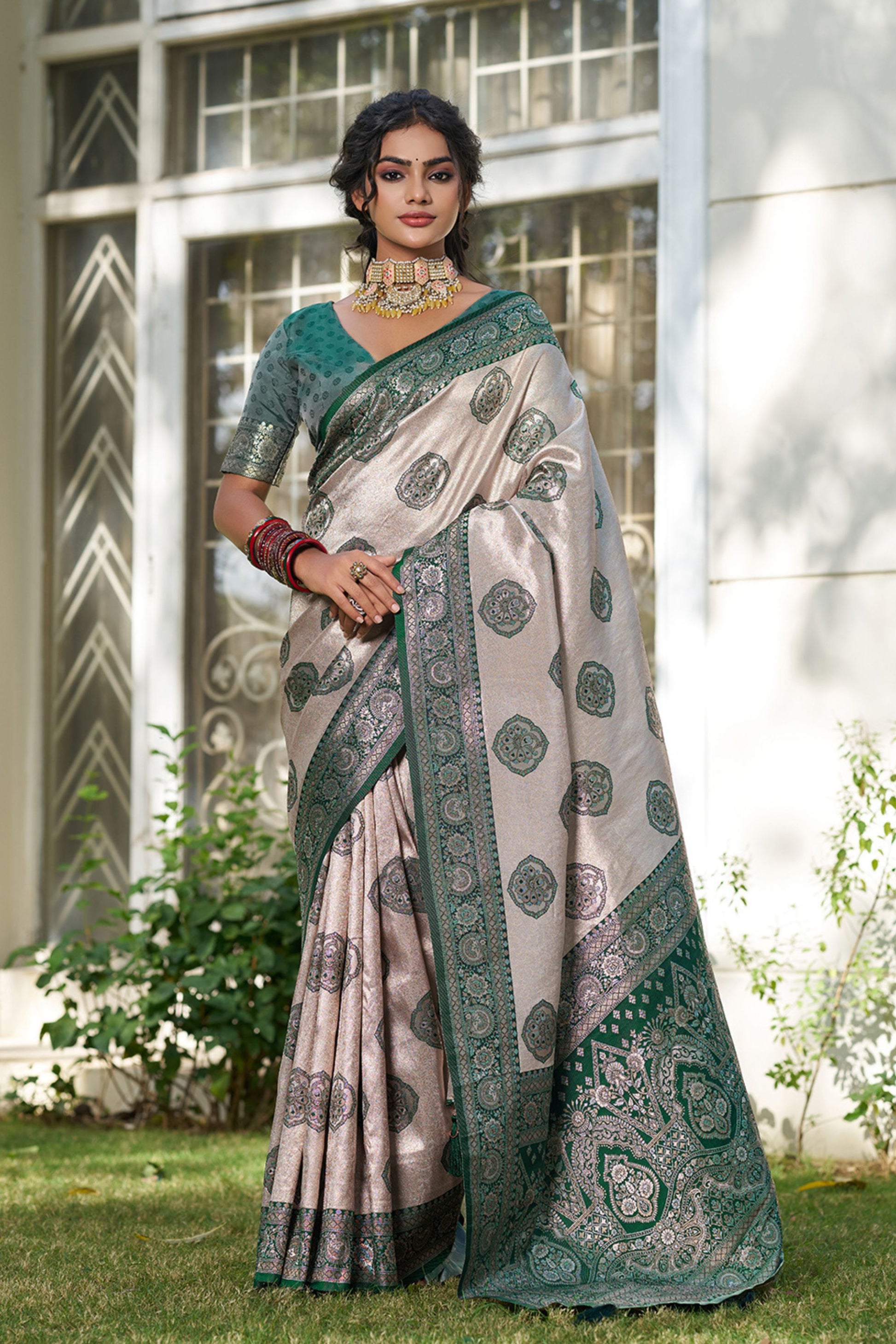 Beige Banarasi Silk Saree Dark Green Zari Border Traditional Buta Design