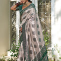 Beige Banarasi Silk Saree Dark Green Zari Border Traditional Buta Design
