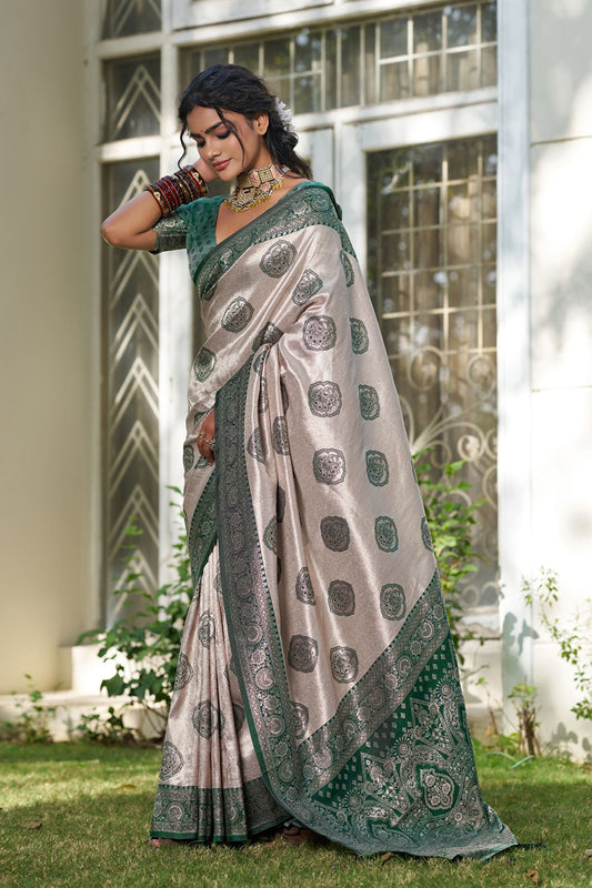 Beige Banarasi Silk Saree Dark Green Zari Border Traditional Buta Design
