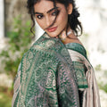 Beige Banarasi Silk Saree Dark Green Zari Border Traditional Buta Design