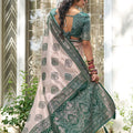 Beige Banarasi Silk Saree Dark Green Zari Border Traditional Buta Design