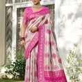 Beige Banarasi Silk Saree Pink Zari Border Traditional Buta Design 