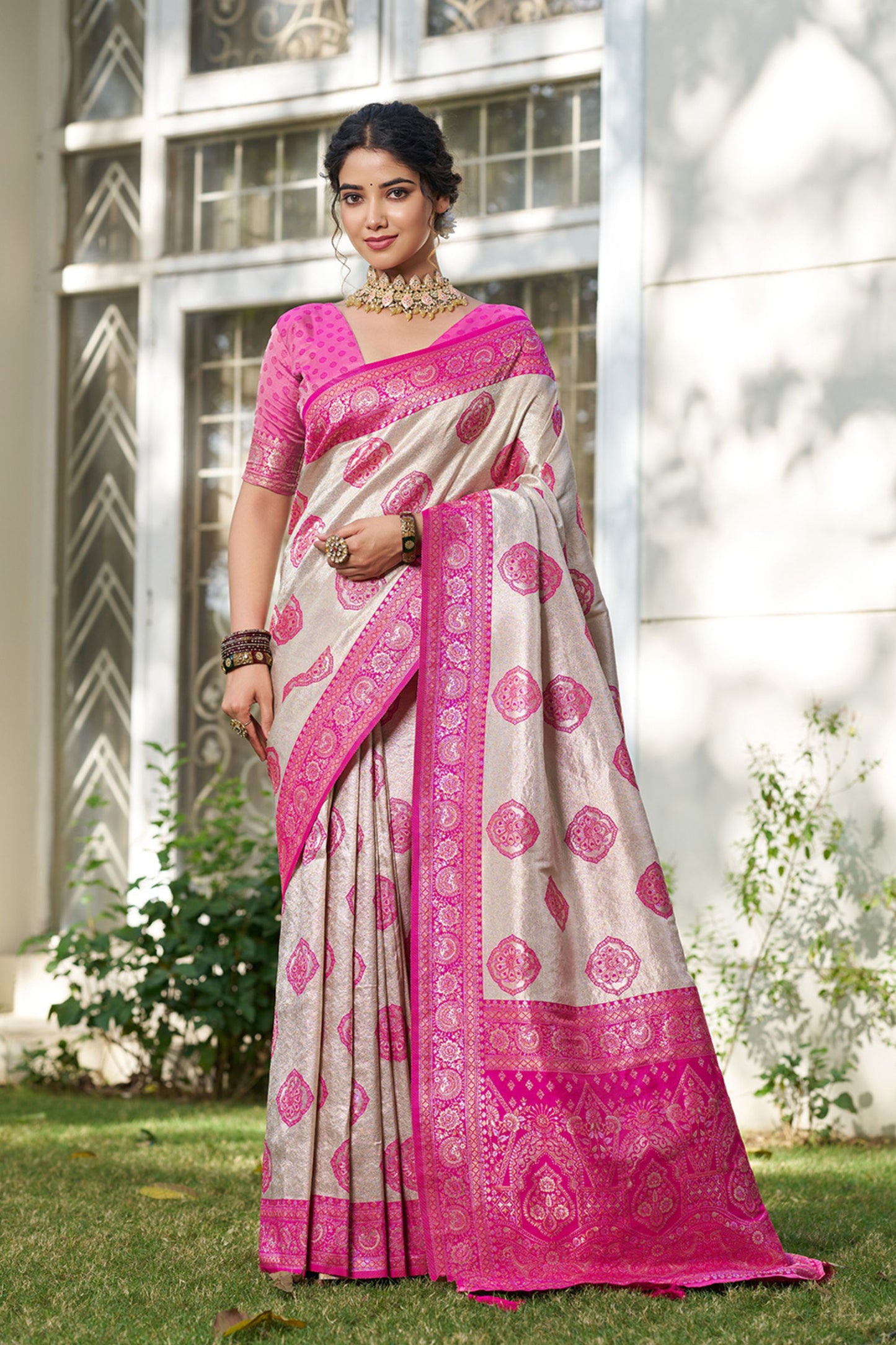 Beige Banarasi Silk Saree Pink Zari Border Traditional Buta Design 