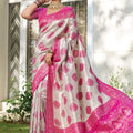 Beige Banarasi Silk Saree Pink Zari Border Traditional Buta Design