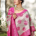 Beige Banarasi Silk Saree Pink Zari Border Traditional Buta Design