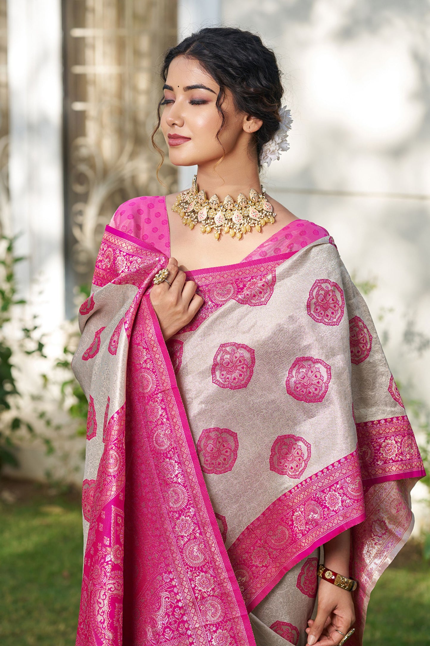 Beige Banarasi Silk Saree Pink Zari Border Traditional Buta Design