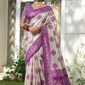 Beige Banarasi Silk Saree Purple Zari Border Traditional Buta Design 