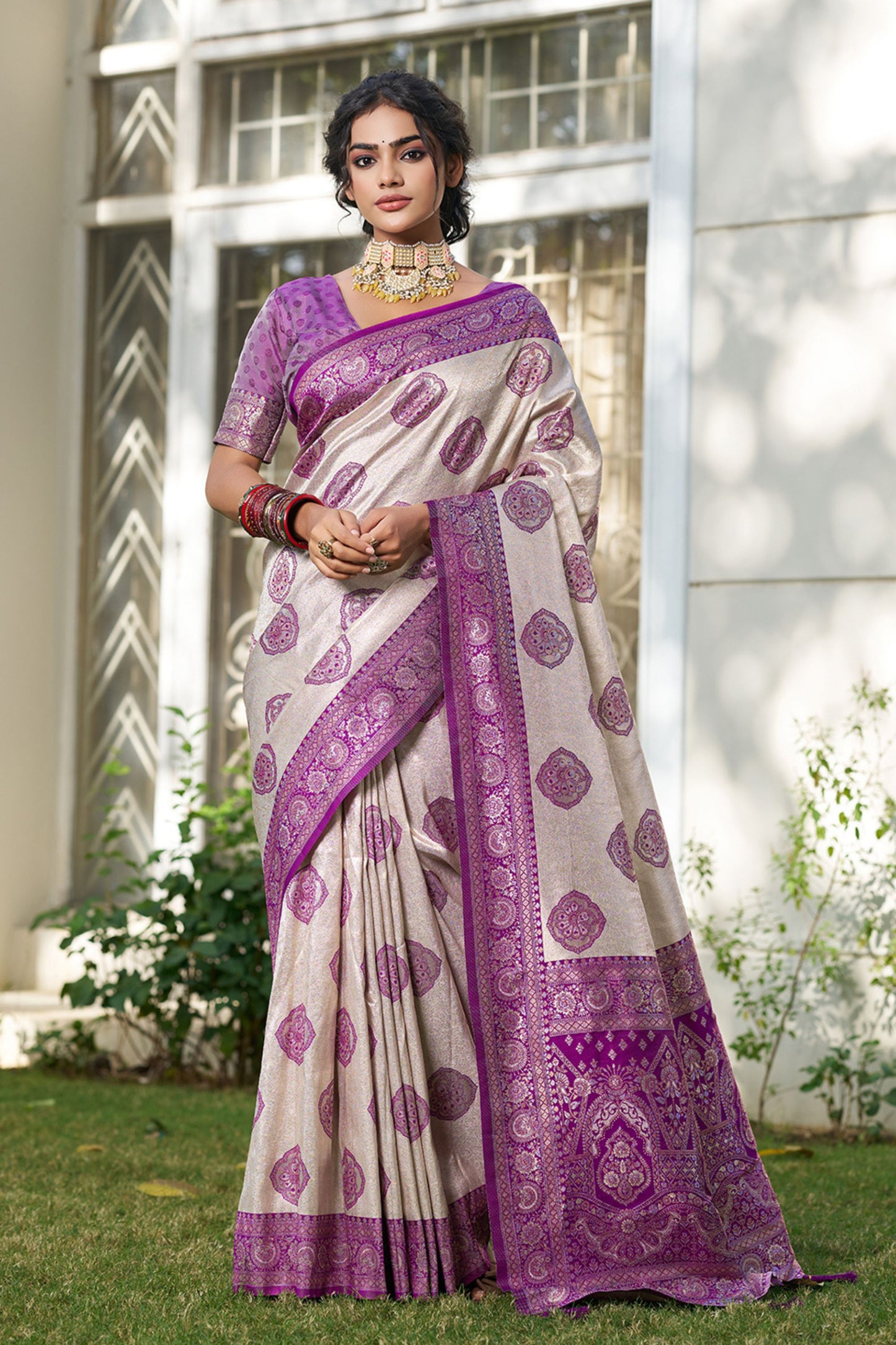 Beige Banarasi Silk Saree Purple Zari Border Traditional Buta Design 