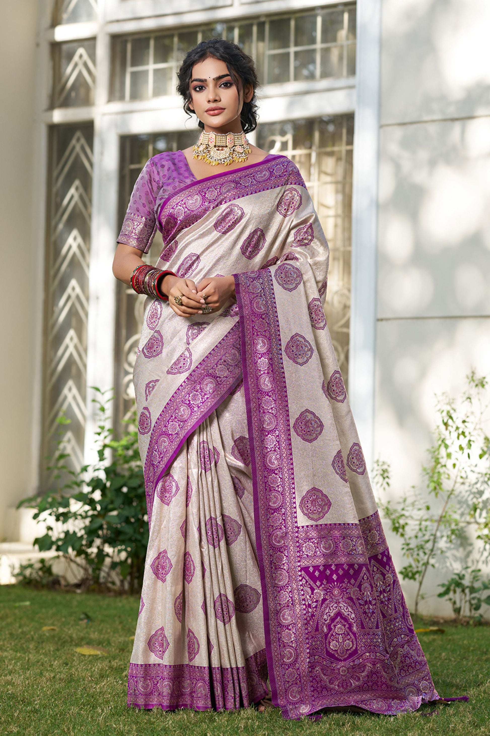Beige Banarasi Silk Saree Purple Zari Border Traditional Buta Design 