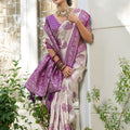 Beige Banarasi Silk Saree Purple Zari Border Traditional Buta Design