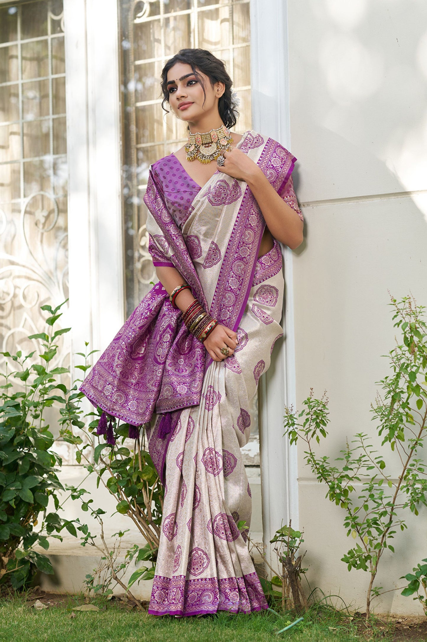 Beige Banarasi Silk Saree Purple Zari Border Traditional Buta Design