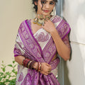 Beige Banarasi Silk Saree Purple Zari Border Traditional Buta Design