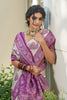 Beige Banarasi Silk Saree Purple Zari Border Traditional Buta Design