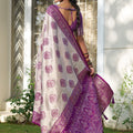 Beige Banarasi Silk Saree Purple Zari Border Traditional Buta Design