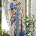  Beige Banarasi Silk Saree Blue Zari Border Traditional Buta Design 
