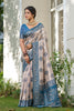  Beige Banarasi Silk Saree Blue Zari Border Traditional Buta Design 