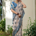 Beige Banarasi Silk Saree Blue Zari Border Traditional Buta Design
