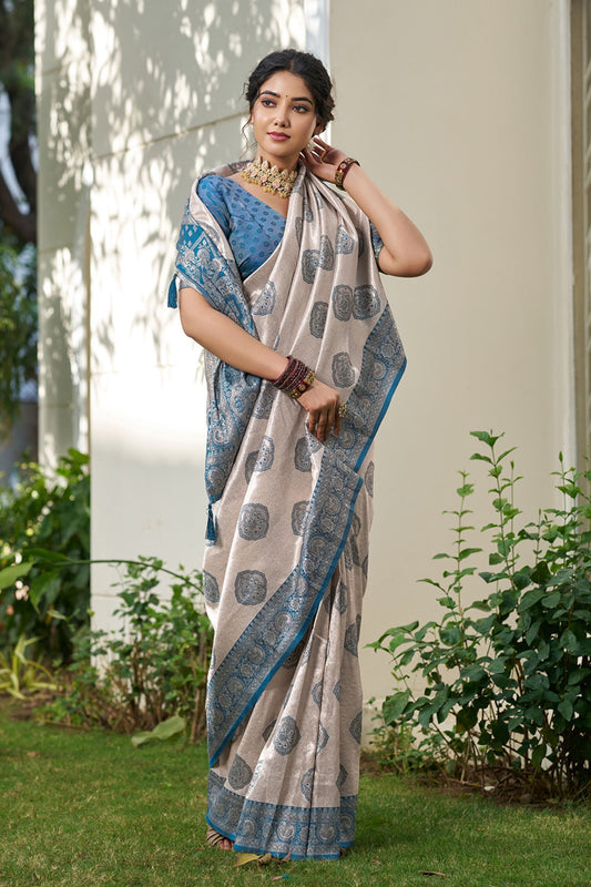 Beige Banarasi Silk Saree Blue Zari Border Traditional Buta Design