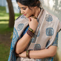 Beige Banarasi Silk Saree Blue Zari Border Traditional Buta Design