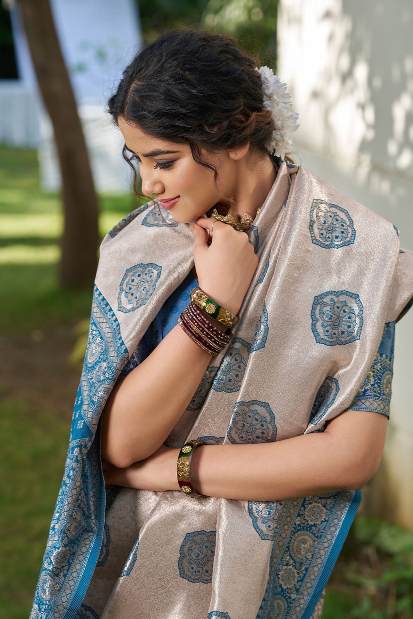 Beige Banarasi Silk Saree Blue Zari Border Traditional Buta Design