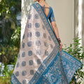 Beige Banarasi Silk Saree Blue Zari Border Traditional Buta Design