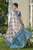 Beige Banarasi Silk Saree Blue Zari Border Traditional Buta Design