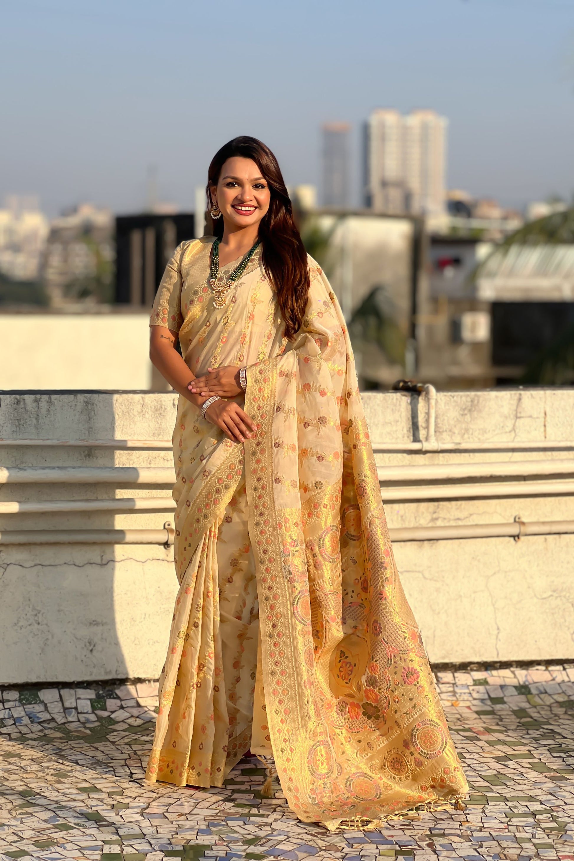 Cream Banarasi Silk Saree with Floral Zari Weaving Rich Golden Border