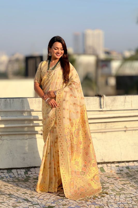 Cream Banarasi Silk Saree with Floral Zari Weaving Rich Golden Border