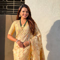 Cream Banarasi Silk Saree with Floral Zari Weaving Rich Golden Border