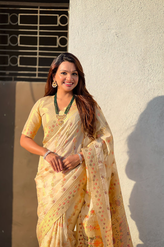 Cream Banarasi Silk Saree with Floral Zari Weaving Rich Golden Border