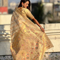 Cream Banarasi Silk Saree with Floral Zari Weaving Rich Golden Border