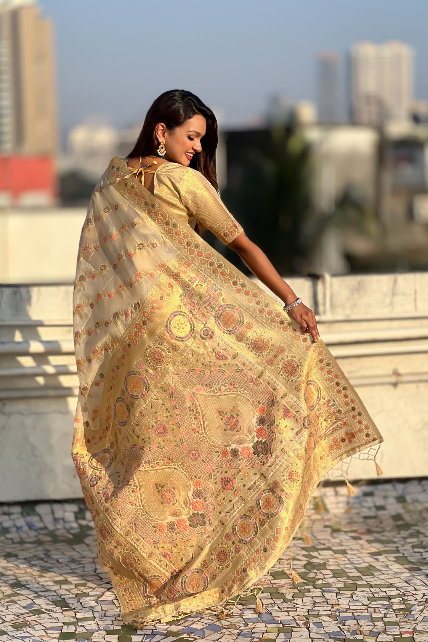 Cream Banarasi Silk Saree with Floral Zari Weaving Rich Golden Border