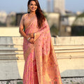  Peach Pink Banarasi Silk Saree Floral Zari Weaving Rich Golden Border