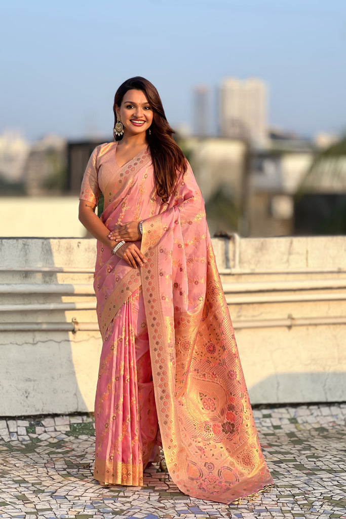  Peach Pink Banarasi Silk Saree Floral Zari Weaving Rich Golden Border