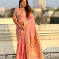 Peach Pink Banarasi Silk Saree Floral Zari Weaving Rich Golden Border