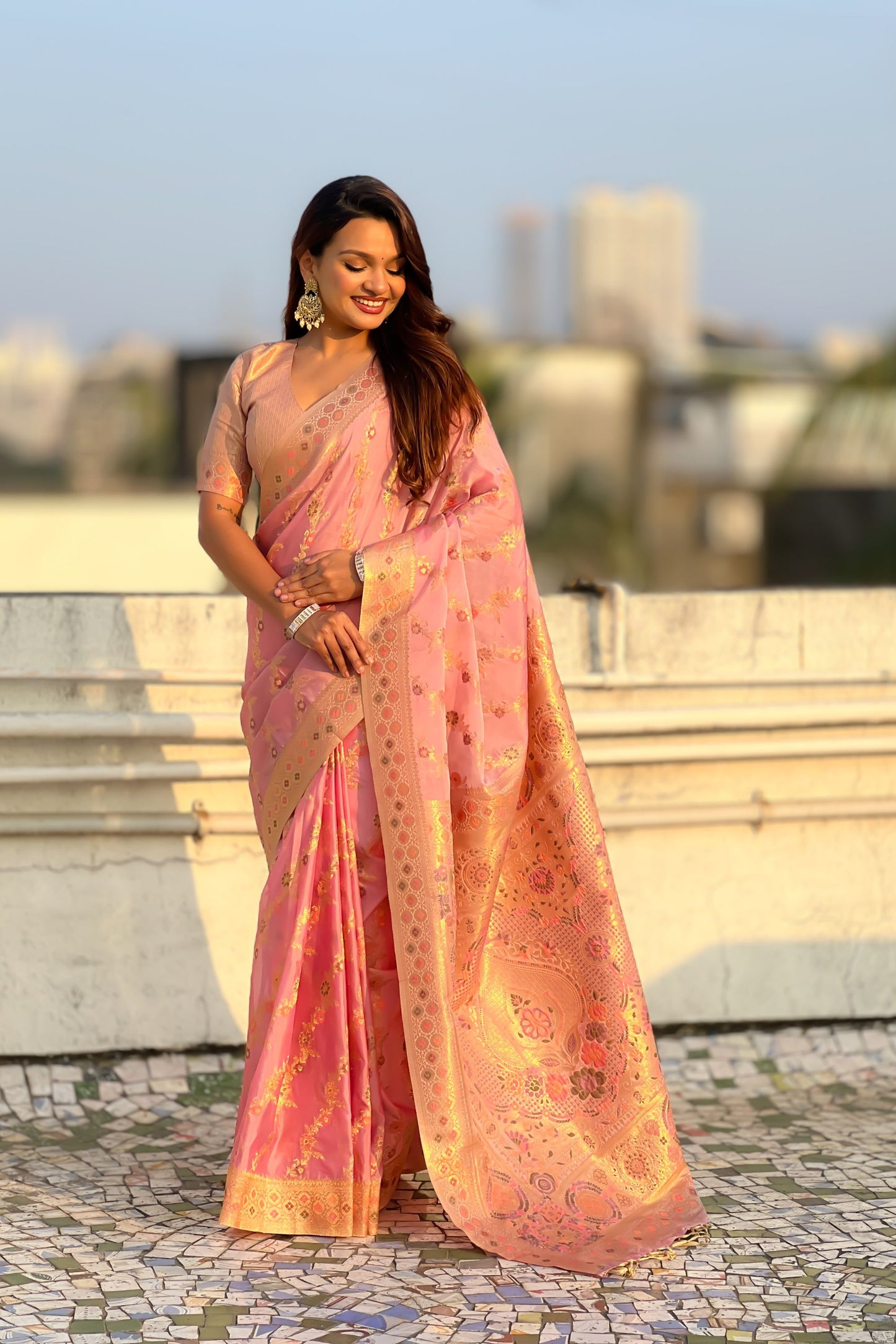 Peach Pink Banarasi Silk Saree Floral Zari Weaving Rich Golden Border