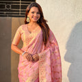 Peach Pink Banarasi Silk Saree Floral Zari Weaving Rich Golden Border