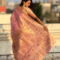 Peach Pink Banarasi Silk Saree Floral Zari Weaving Rich Golden Border