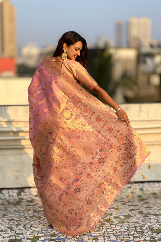 Peach Pink Banarasi Silk Saree Floral Zari Weaving Rich Golden Border