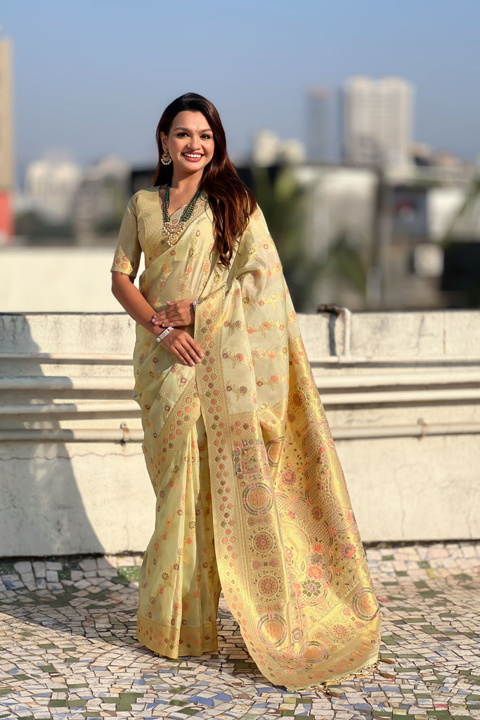 Yellow Banarasi Silk Saree with Floral Zari Weaving Rich Golden Border 