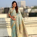 Sky Blue Banarasi Silk Saree Floral Zari Weaving Rich Golden Border 