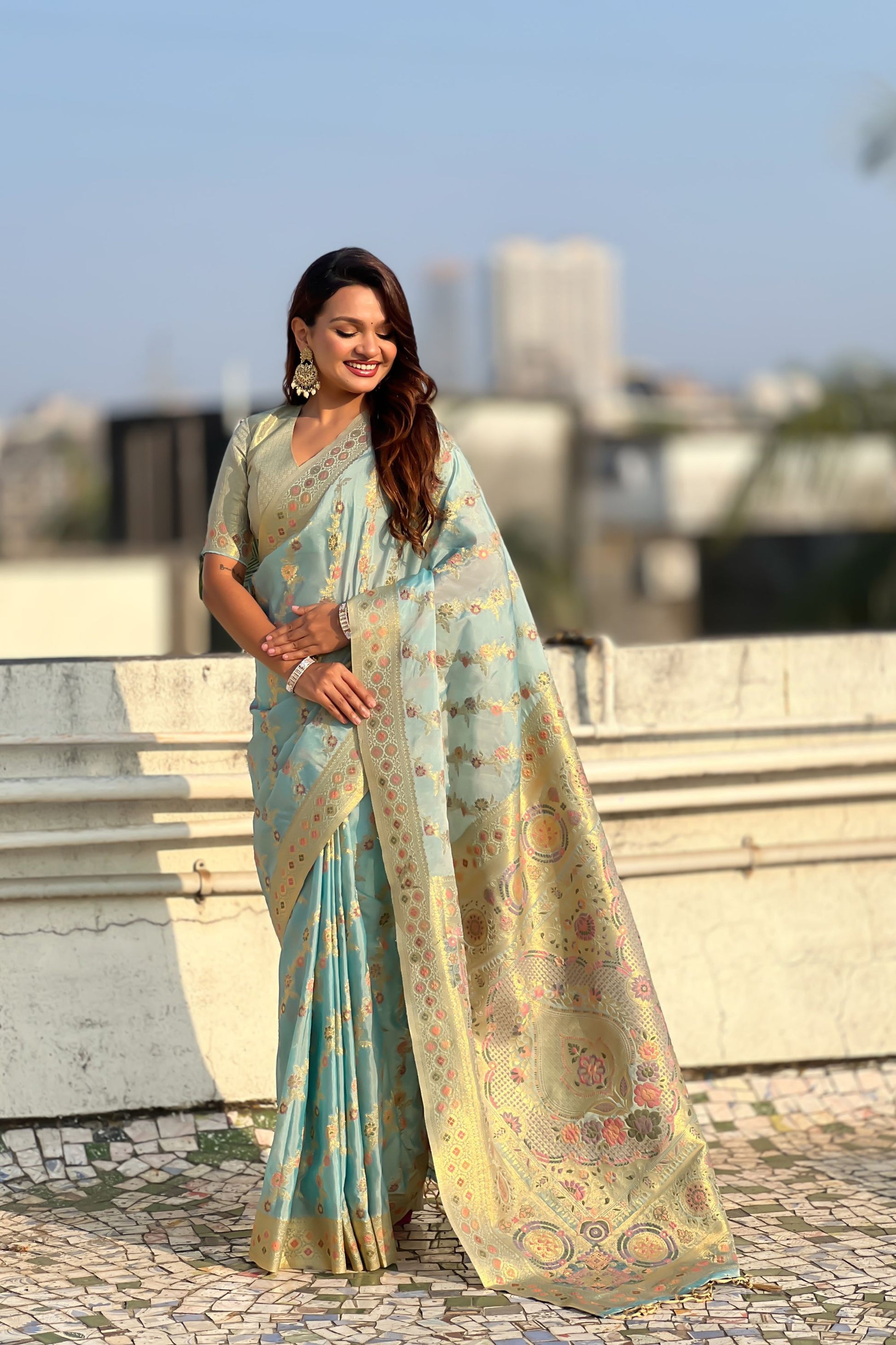 Sky Blue Banarasi Silk Saree Floral Zari Weaving Rich Golden Border 